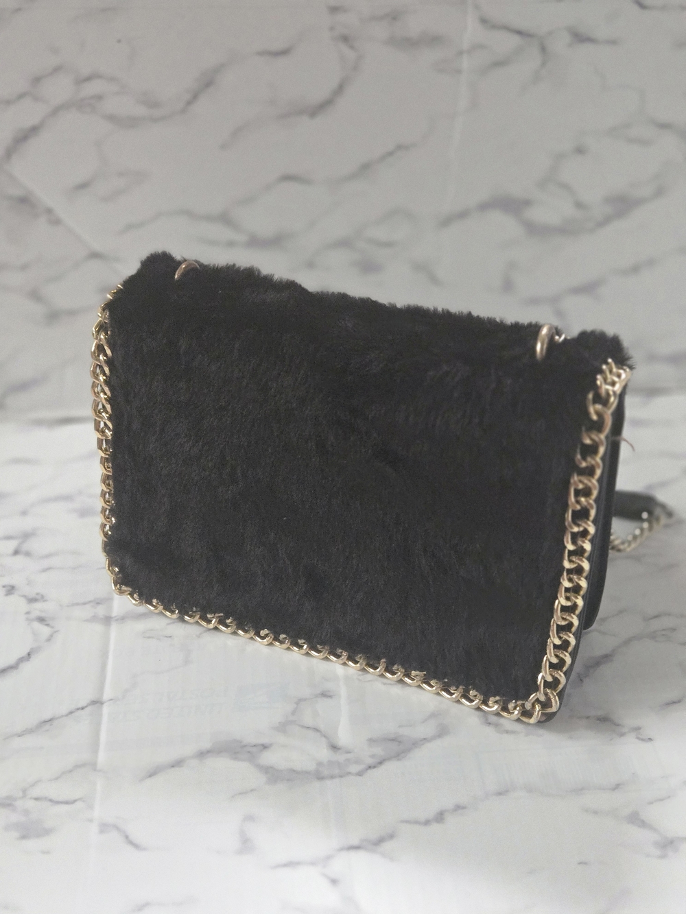 Black Faux Fur Crossbody Bag with Gold Chain Trim